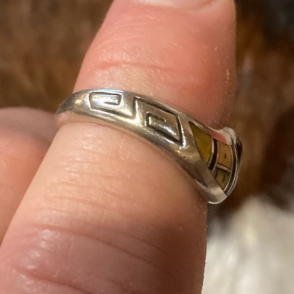 Navajo inlay ring by Teme tiger eye, picture jasper. Sterling silver - Picture 3 of 4